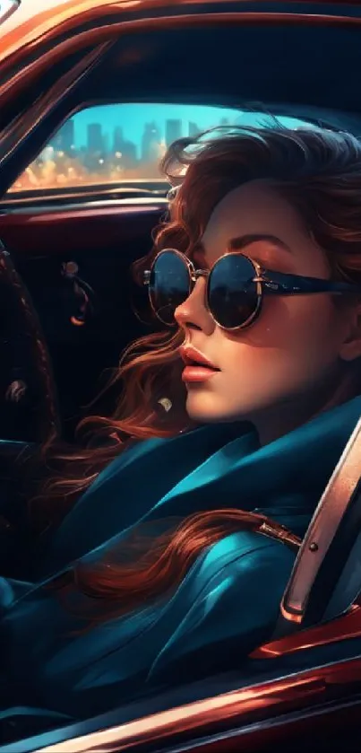 Stylish woman with sunglasses in a retro car with city lights background.