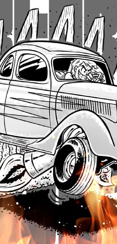 Illustrated retro car in grayscale with bold comic style.