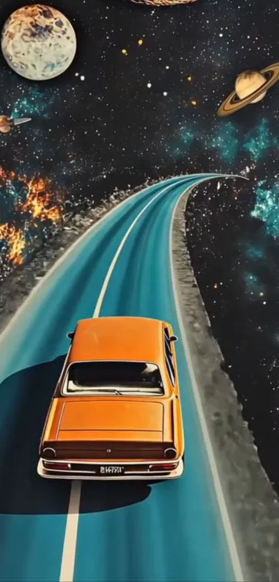 Retro orange car driving on a space road.