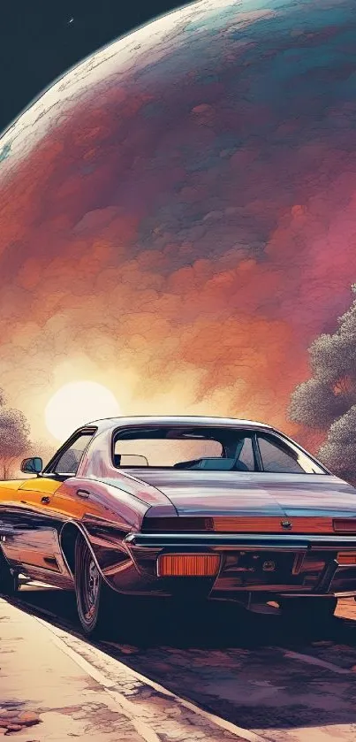 Retro car under a cosmic sunset.