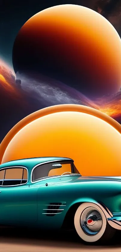 Retro car with cosmic planet backdrop in vibrant colors.