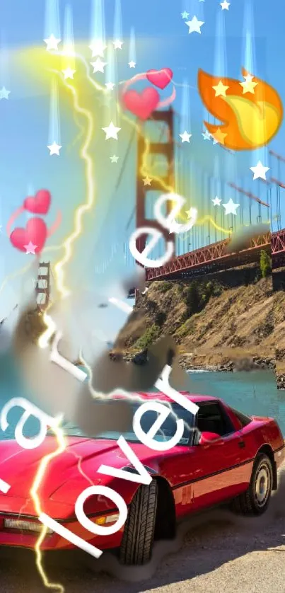 Red car with bridge and colorful emojis in dynamic wallpaper.