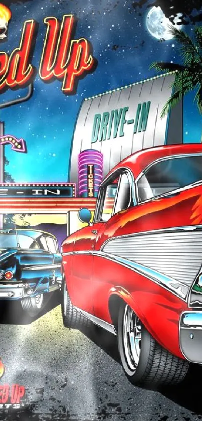 Retro car artwork at a drive-in theater with bold, vibrant colors.