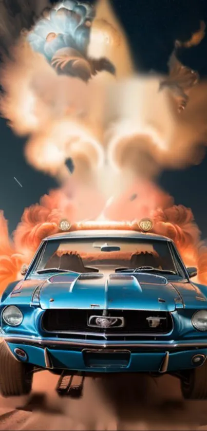 Retro car bursting through colorful explosion clouds in dynamic art scene.