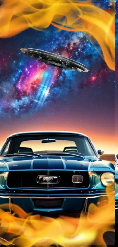 Classic car and UFO in galaxy scene with flames, dramatic mobile wallpaper.