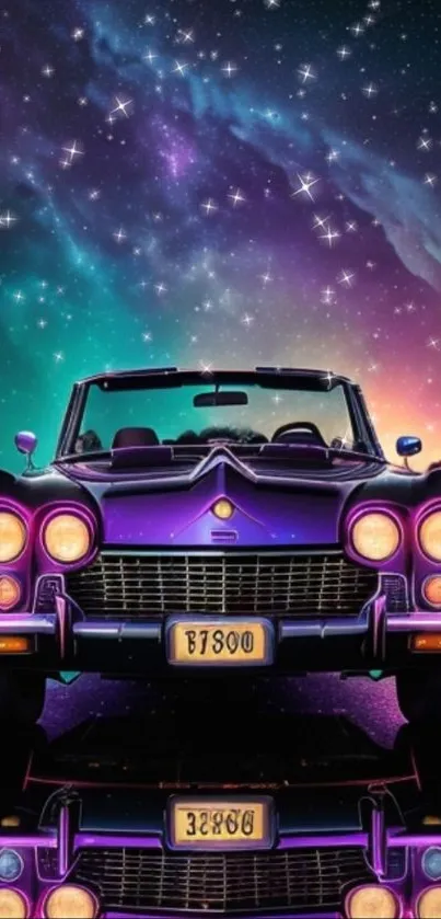 Vintage car with galaxy backdrop and vibrant colors on mobile wallpaper.
