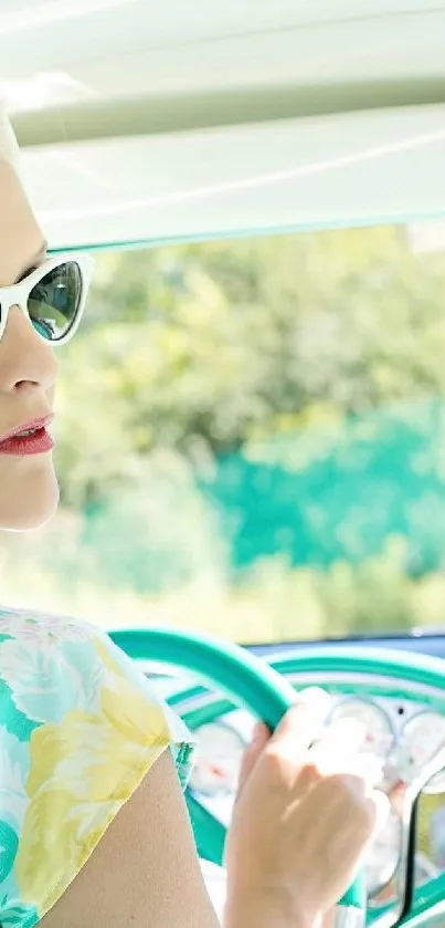 Stylish woman in vintage car with sunglasses and colorful attire.