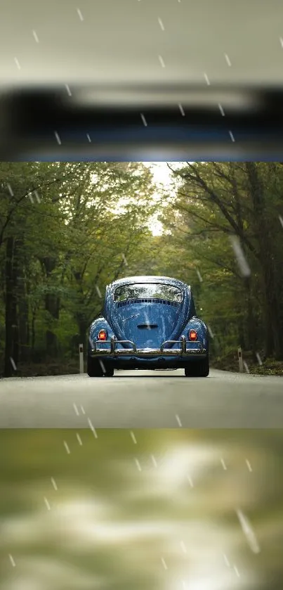 Vintage blue car driving through green forest with blurred background.