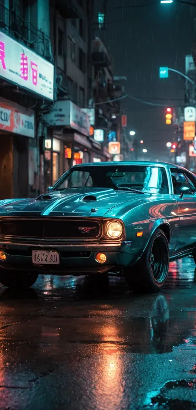 Vintage car with neon lights on city street at night.