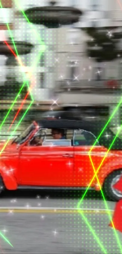 Red vintage car with neon lights in city scene.
