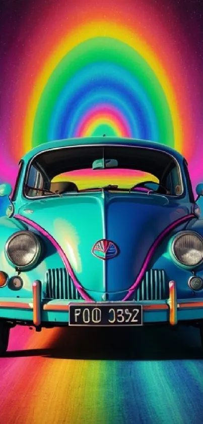 Retro car with rainbow vortex background design.