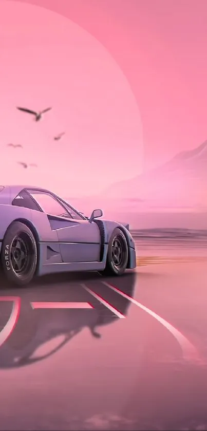 A sleek retro sports car drives into a vibrant pink sunset, surrounded by mountains.