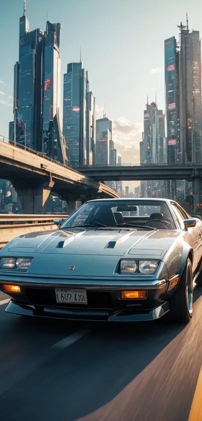 Vintage car driving through futuristic cityscape on a sunny day.