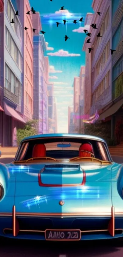 Retro car on a vibrant urban street with a bright blue sky.