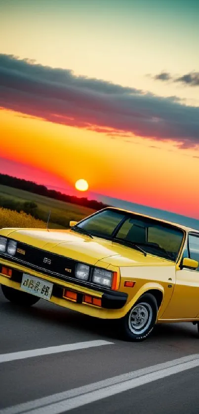 Yellow retro car on highway at sunset with vibrant colors.