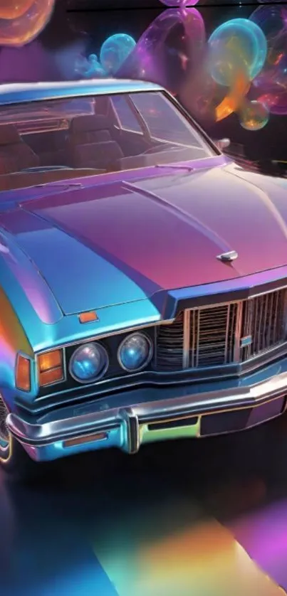 Retro car with vibrant neon colors in a stylish art design.