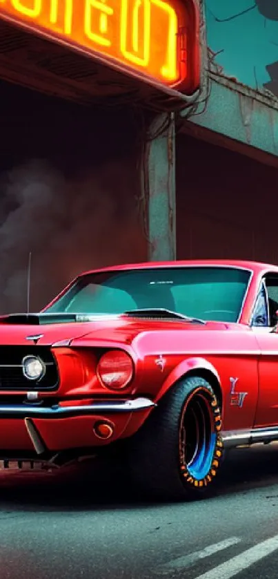 Retro car in a neon-lit urban setting, vibrant red hues.