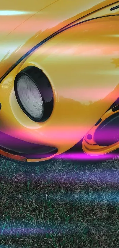 Yellow retro car with neon lights on grass.