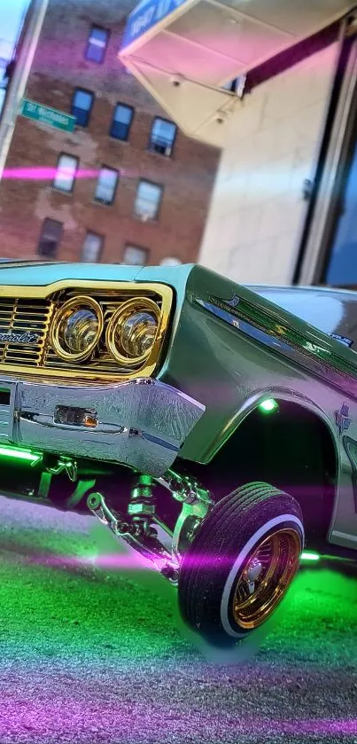 Retro car with neon lights against urban backdrop.