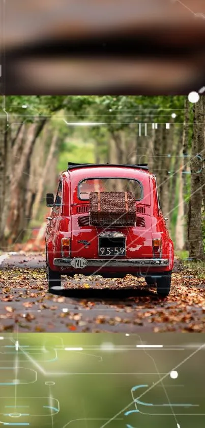 Vintage red car on a scenic tree-lined road with digital effects.