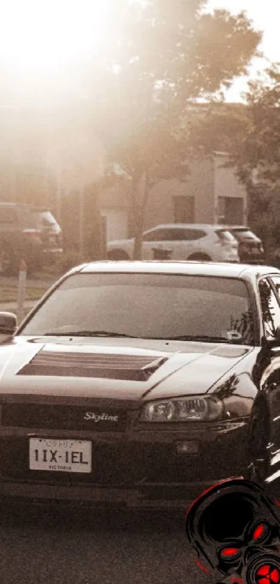 Black car in sunset with urban street backdrop.