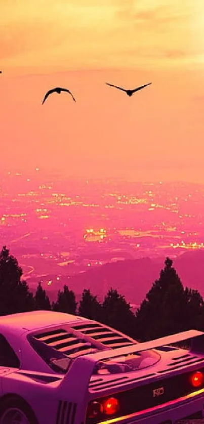 Retro car under purple sunset sky with city lights and flying birds.