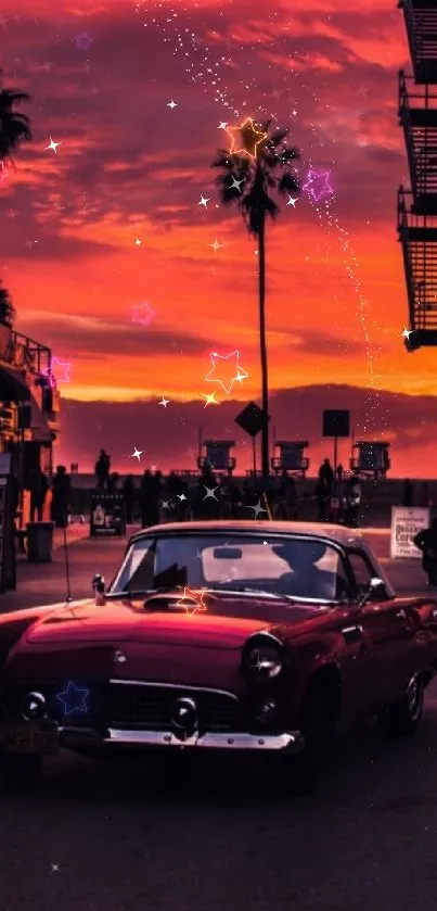 Retro car under vibrant sunset sky in urban street setting, perfect for mobile wallpaper.