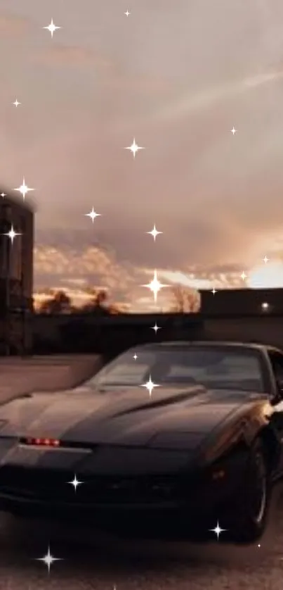 Vintage black car under starry evening sky.