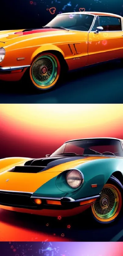 Vibrant retro car wallpaper with bold hues and dynamic design.