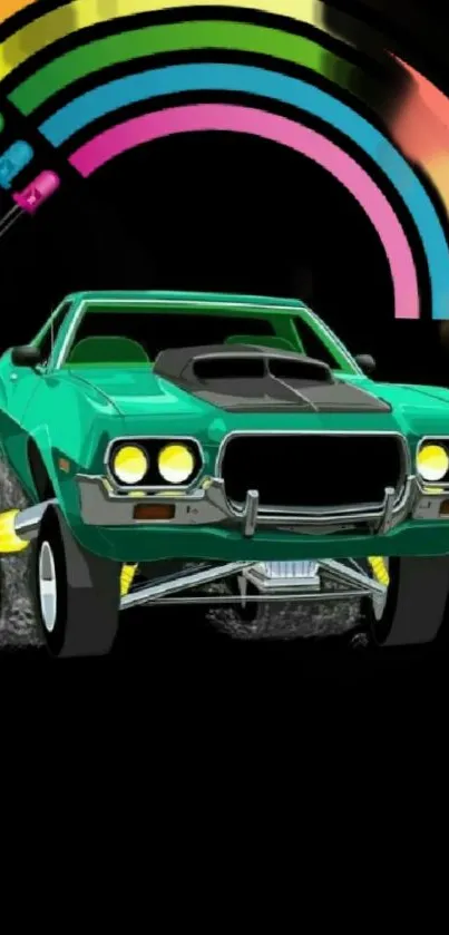 Green muscle car with vibrant rainbow design on black background.