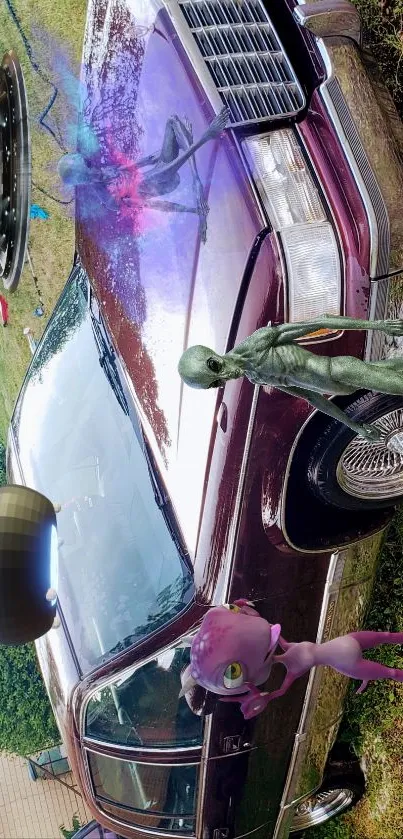 Whimsical wallpaper of a retro car and aliens.