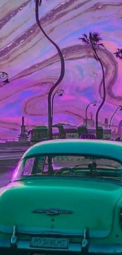 Retro car under a purple psychedelic sky with palm silhouettes.