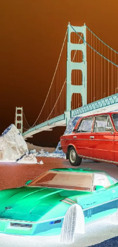 Retro cars parked near a large orange bridge.