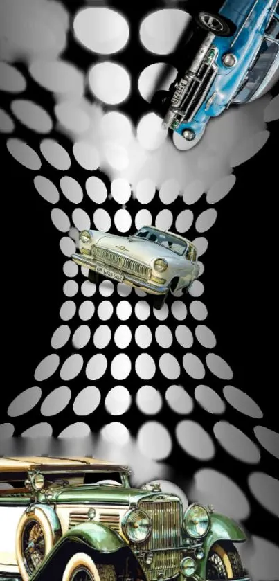 Classic cars on abstract black background with white ovals.