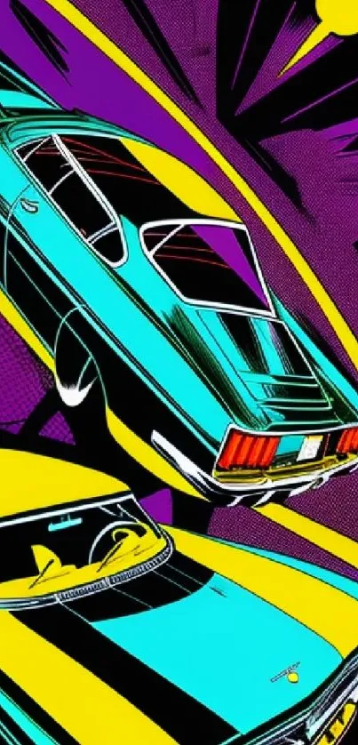 Pop art wallpaper with two retro cars in teal and yellow hues.