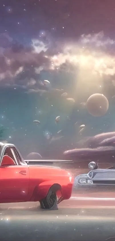 Retro cars under an alien sky with celestial bodies and dreamy clouds.