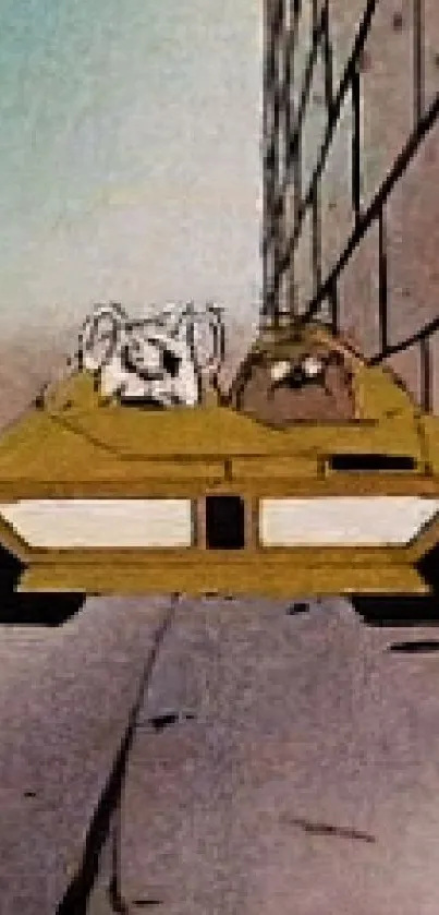 Retro cartoon with characters in a yellow car.