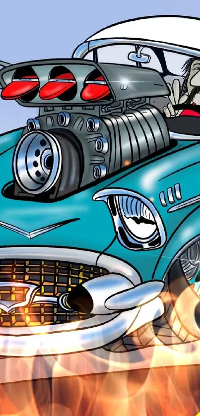 Vibrant retro cartoon car wallpaper with turbo features.