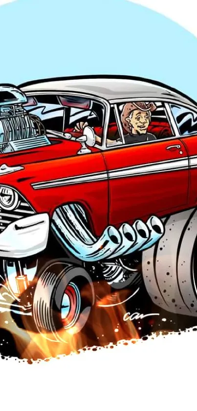 Vibrant cartoon red car with oversized wheels and engine, in retro art style.