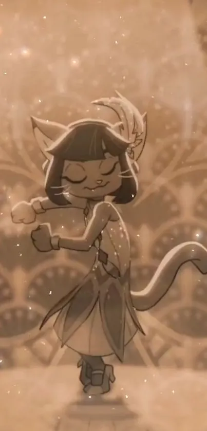 Retro cartoon cat in elegant sepia dance scene.