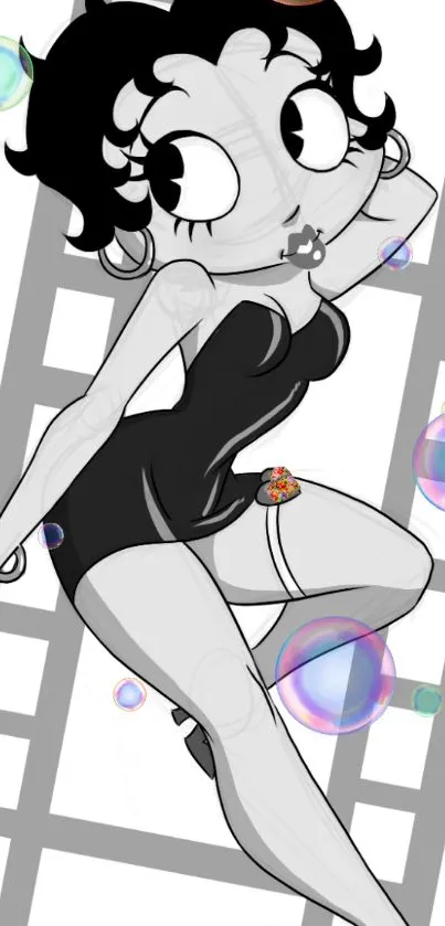 Grayscale retro cartoon with colorful bubbles.