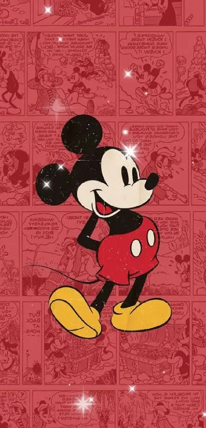 Retro cartoon character on red comic background.