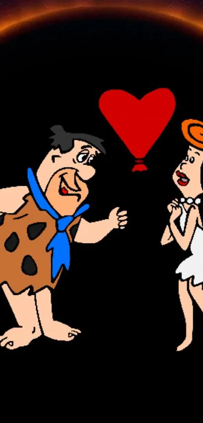 Retro cartoon couple with red heart over black background.