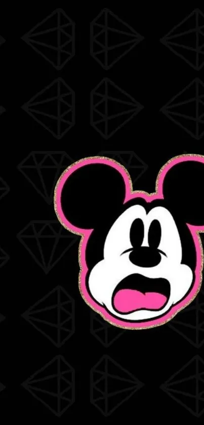 Cartoon face on black and pink geometric wallpaper design.