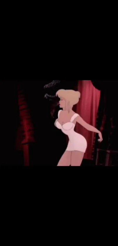 Retro cartoon femme fatale in white dress with black background.