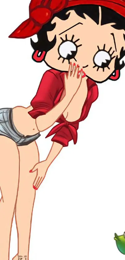 Retro cartoon girl in red with a playful expression, striking a pose.