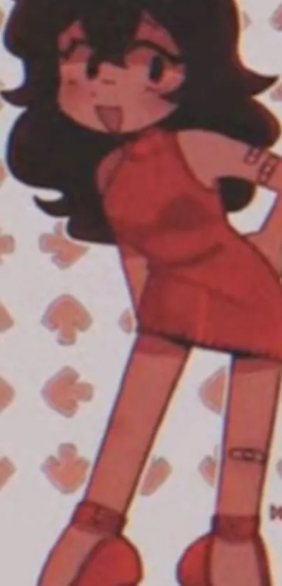 Retro cartoon girl in red with a playful design on wallpaper.