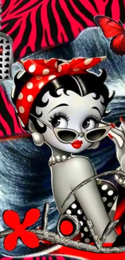 Stylish retro cartoon character with red and zebra patterns.