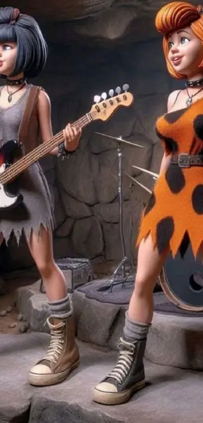 Cartoon rock band characters in vibrant colors and vintage style.