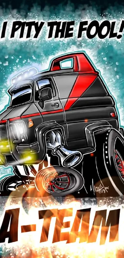 A-Team inspired cartoon van in vibrant colors.